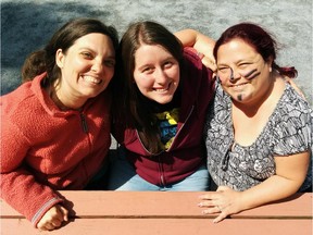 Counsellor Julie Di Pietrantonio (centre) with campers Amy Williams (left), and Mélanie Beauregard at Camp Garagona in the Eastern Townships village of Frelighsburg on Aug. 5.