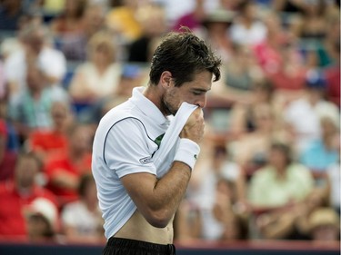 Jeremy Chardy, of France, reacts during his match against Novak Djokovic, of Serbia, during the semifinals at the Rogers Cup tennis tournament on Saturday, August 15, 2015, in Montreal. Djokovic won 6-4, 6-4 to move on to the final.