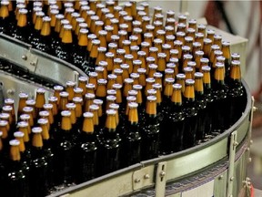 Beer moves along the production line.
