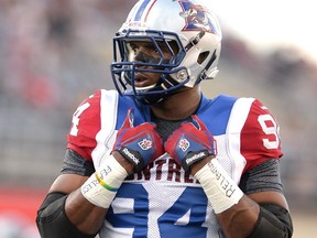 Montreal Alouettes' Michael Sam made his pro football debut against the Ottawa Redblacks in Ottawa on Friday, Aug. 7, 2015.