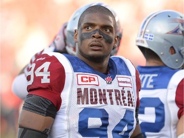 Montreal Alouettes' Michael Sam warms up before his pro football debut in a CFL game against the Ottawa Redblacks in Ottawa on Friday, Aug. 7, 2015.
