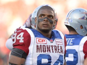 From the archives: Montreal Alouettes' Michael Sam is set to make his pro football debut as he warms up before the first half of a CFL game against the Ottawa Redblacks in Ottawa on Friday, Aug. 7, 2015.
