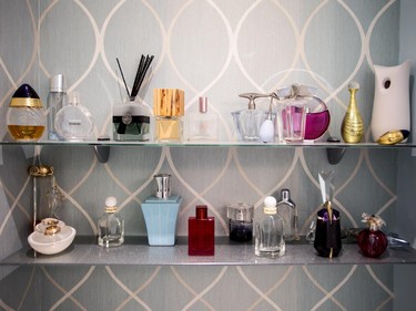 Line Brochu's perfume collection, in the bathroom.