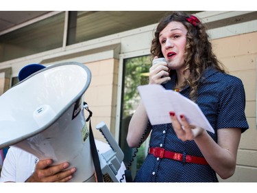 MONTREAL, QC.: AUGUST 9, 2015 -- Caroline M. Trottier-Gascon gives a speech during the Montreal Trans March 2015, at Place-des-Arts, in Montreal, Quebec, on Sunday August 9, 2015. She is an historian and trans activist. (Giovanni Capriotti / MONTREAL GAZETTE)