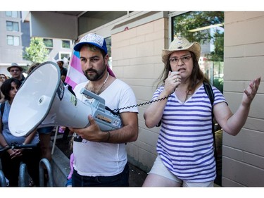 MONTREAL, QC.: AUGUST 9, 2015 -- Gabrielle Bouchard talks during the Montreal Trans March 2015, at Place-des-Arts, in Montreal, Quebec, on Sunday August 9, 2015. She is the current Peer Support and Trans Advocacy Coordinator at the Centre for Gender Advocacy in Montreal. (Giovanni Capriotti / MONTREAL GAZETTE)