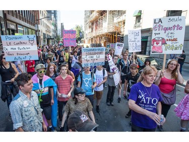 MONTREAL, QC.: AUGUST 9, 2015 -- The core of the Montreal Trans March 2015 walks through Rue de Bleury, in Montreal, Quebec, on Sunday August 9, 2015. (Giovanni Capriotti / MONTREAL GAZETTE)