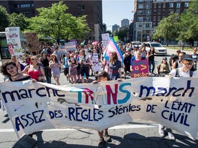 Participants of the Montreal Trans March 2015, leave Place-des-Arts on Sunday, Aug. 9, 2015.