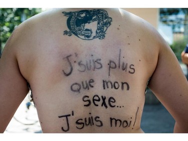 MONTREAL, QC.: AUGUST 9, 2015 -- Vincent-Gabriel Lamarre poses for a photo with his body-painting at the Montreal Trans March 2015, at Place-des-Arts, in Montreal, Quebec, on Sunday August 9, 2015. (Giovanni Capriotti / MONTREAL GAZETTE)