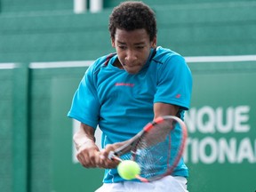Félix Auger-Aliassime, 14, hits backhand during Granby Challenger event on July 20, 2015.