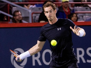 Andy Murray (GBR) returns the ball to Tommy Robredo (ESP)during Rogers Cup action in Montreal on Tuesday August 11, 2015.