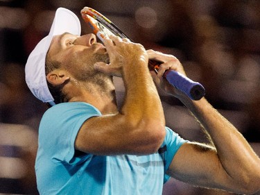 Ivo Karlovic (CRO) celebrates his win over Milos Raonic (CAN) in 2 sets during Rogers Cup action in Montreal on Tuesday August 11, 2015.