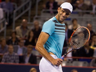 Ivo Karlovic (CRO) reacts after winning a point against Milos Raonic (CAN) during Rogers Cup action in Montreal on Tuesday August 11, 2015.