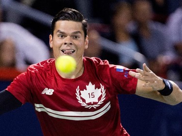 Milos Raonic (CAN) eyes the ball as he gets ready to return the ball to Ivo Karlovic (CRO) during Rogers Cup action in Montreal on Tuesday August 11, 2015.