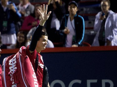 Milos Raonic (CAN) waves to the crowd after being eliminated from the Rogers Cup by Ivo Karlovic (CRO) in Montreal on Tuesday August 11, 2015.