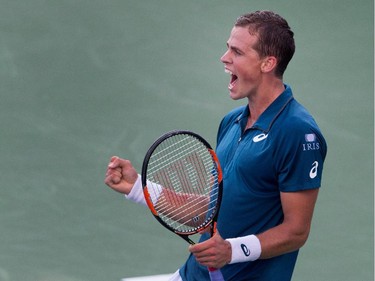 Vasek Pospisil celebrates his win over Yen-Hsun Lu in two sets during Rogers Cup action in Montreal on Tuesday August 11, 2015.