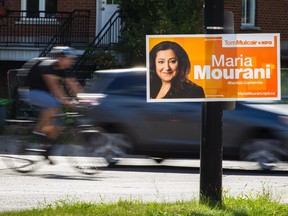 A federal election campaign sign for NDP candidate Maria Mourani from the riding of Ahuntsic-Cartierville seen on the corner of Fleury street and Millen avenue in the neighbourhood of Ahuntsic in Montreal. Mourani is a former Bloc Quebecois MP who was ousted for opposing the Charter of Quebec Values. (Dario Ayala / Montreal Gazette)