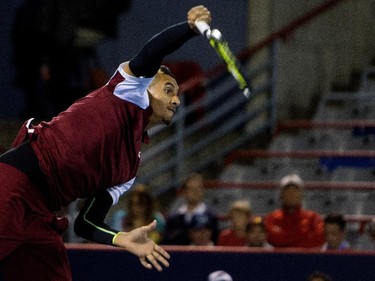 Nick Kyrgios (AUS) serves the ball to Stan Wawrinka (SUI)  during Rogers Cup action in Montreal on Wednesday August 12, 2015.