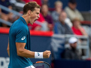 Vasek Pospisil (CAN) celebrates a point against John Isner (USA) during Rogers Cup action in Montreal on Wednesday August 12, 2015.