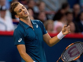 Vasek Pospisil (CAN) reacts to giving up a point to John Isner (USA) during Rogers Cup action in Montreal on Wednesday August 12, 2015.
