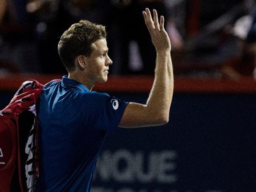 Vasek Pospisil (CAN) waves to the crowd after losing in three sets to John Isner (USA) during Rogers Cup action in Montreal on Wednesday August 12, 2015. Isner won the match 6-7, 6-4, 3-6.