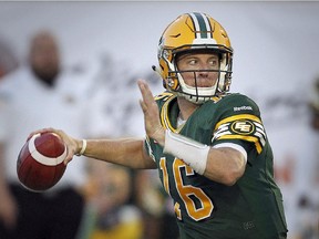 Edmonton Eskimos quarterback Matt Nichols looks downfield for a receiver during Canadian Football League game against the Alouettes at Montreal's Molson Stadium on Aug. 13, 2015.
