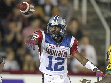 Montreal Alouettes quarterback Rakeem Cato throws a pass against the Edmonton Eskimos during Canadian Football League game in Montreal Thursday August 13, 2015.