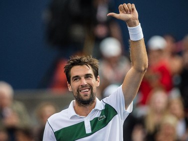 Jeremy Chardy of France reacts after beating John Isner of the United States in their quarter-finals tennis match for the Roger's Cup Tennis Tournament at Uniprix Stadium in Montreal on Friday, August 14, 2015.
