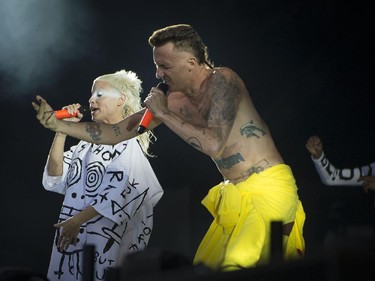 Yolandi Visser left and Ninja right. of South African rap-rave group Die Antwoord perform at ÎleSoniq in Montreal, on Friday, August 14, 2015.