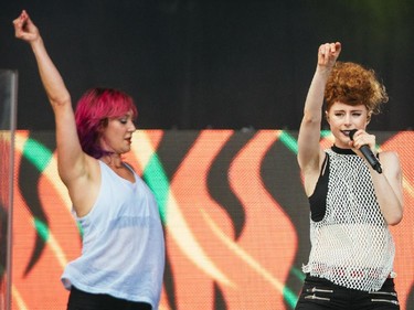 MONTREAL, QUE.: AUGUST 15, 2015 -- Kiesza, right, performs at the IleSoniq music festival at Jean-Drapeau park in Montreal on Saturday, August 15, 2015. (Dario Ayala / Montreal Gazette)