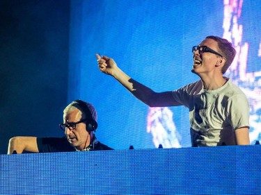 MONTREAL, QUE.: AUGUST 15, 2015 -- Tony McGuinness, left, and Paavo Siljamaki, right, of the English electronic group Above & Beyond perform at the IleSoniq music festival at Jean-Drapeau park in Montreal on Saturday, August 15, 2015. (Dario Ayala / Montreal Gazette)