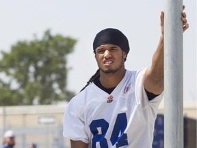 Alouettes receiver Alex Charette gets a breather after practice at Stade Hébert in St-Léonard on Aug. 17, 2015.