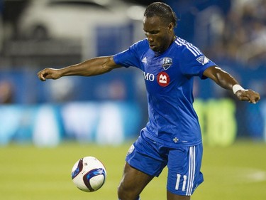 Didier Drogba prepares to take a shot in his debut for the Montreal Impact against the Philadelphia Union in MLS action at Saputo Stadium in Montreal on Saturday, Aug. 22, 2015.
