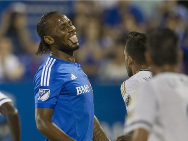 Didier Drogba shows disappointment after a missed opportunity by his team in his debut for the Montreal Impact against the Philadelphia Union in M.L.S. action at Saputo Stadium in Montreal Saturday, August 22, 2015.