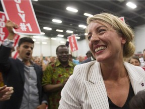 Mélanie Joly reacts to the official announcement she was to be the Liberal candidate in the riding of Ahuntsic—Cartierville in Montreal on Saturday, August 23, 2015.