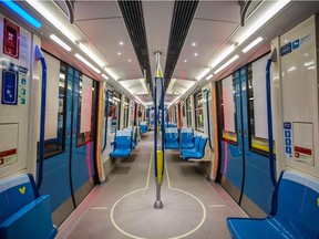 A view of the interior of the new Azur metro cars on display at the Henri-Bourassa métro station during a press event to show the train's interior design in Montreal on Tuesday, August 25, 2015.