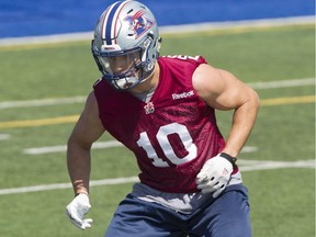 ALouettes safety Marc-Olivier Brouillette takes part in a drill during practice at Stade Hébert in St. Léonard on Tuesday, Aug. 25, 2015.