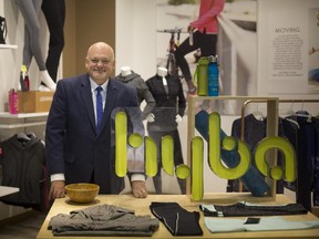 Walter Lamothe, president of retail and chief operating officer of Reitmans, with a mockup of the new Hyba active wear store at company headquarters in Montreal, August 26, 2015.