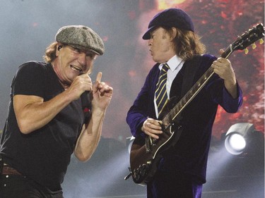 Singer Brian Johnson and guitarist Angus Young of the Australian hard rock band AC/DC perform at the Olympic Stadium in Montreal Monday, August 31, 2015. The rockers AC/DC were back in town in support of last year's Rock or Bust album.