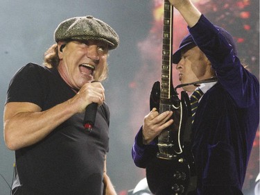 Singer Brian Johnson and guitarist Angus Young of the Australian hard rock band AC/DC perform at the Olympic Stadium in Montreal Monday, August 31, 2015. The rockers AC/DC were back in town in support of last year's Rock or Bust album.