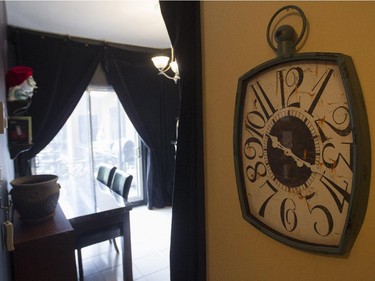 A view from the front hall area towards the dining/work area in the apartment of Anna Delfino.