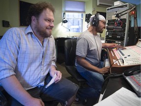 Geoff Agombar, left, of MainLine Theatre in the CKUT studio with Upstage host Eric Sukhu on Aug. 6: The interview ran over time, but nobody seemed to mind.
