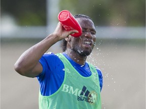 New Impact player Didier Drogba cools down during practice in Montreal on Aug. 6, 2015.
