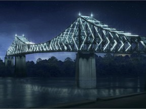 An artist's rendering, released in Montreal Thursday, July 30, 2015, of the Jacques Cartier Bridge. The bridge will be lit in 2017 to mark the 375th anniversary of Montreal and the 150thanniversary of Confederation. The image was released at a press conference presented by the City of Montreal, the province of Quebec and the Canadian government.
