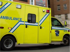 MONTREAL, QUE.: JUNE 15, 2015 -- An ambulance arrives at the Montreal General Hospital emergency room in Montreal on Monday, June 15, 2015. (Dario Ayala / Montreal Gazette)