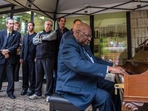 Montreal musician Oliver Jones plays a public piano at Rembrandt Park in Côte-St-Luc.