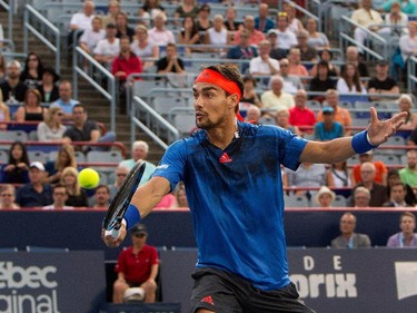 Fabio Fognini (ITA) returns the ball to Gael Monfils (FRA) during Rogers Cup action in Montreal on Tuesday May 5, 2015. Monfils won the match in 2 sets.