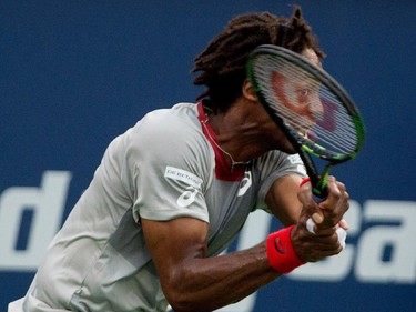 Gael Monfils (FRA) keeps his eye on the ball as he returns the ball to Fabio Fognini (ITA) during Rogers Cup action in Montreal on Tuesday May 5, 2015. Monfils won the match in 2 sets.