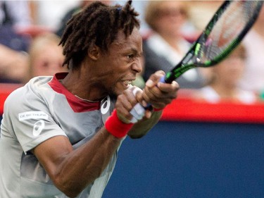 Gael Monfils (FRA) returns the ball to Fabio Fognini (ITA) during Rogers Cup action in Montreal on Tuesday May 5, 2015. Monfils won the match in 2 sets.