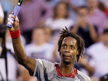 Gael Monfils (FRA) waves to the crowd after defeating Fabio Fognini (ITA) during Rogers Cup action in Montreal on Tuesday May 5, 2015. Monfils won the match in 2 sets.