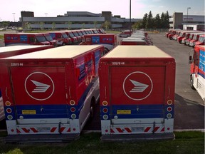 Canada Post trucks at a sorting plant in Montreal.
